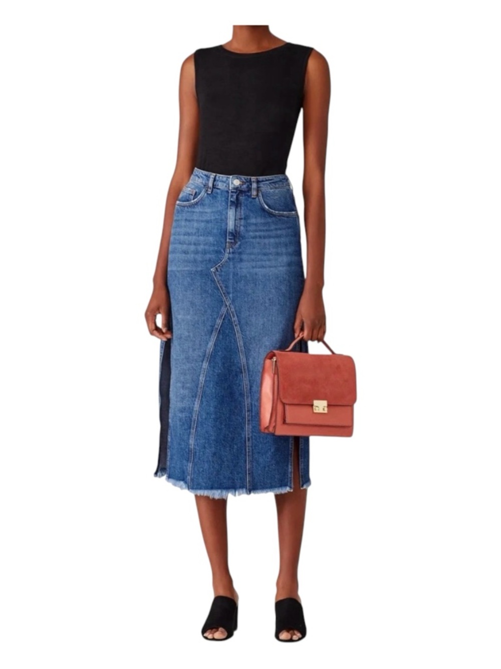 FREE PEOPLE Midi Blue Denim Skirt with Side Slits.